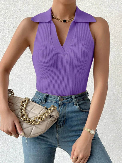 Summer V-Neck Ribbed Knit Crop Top