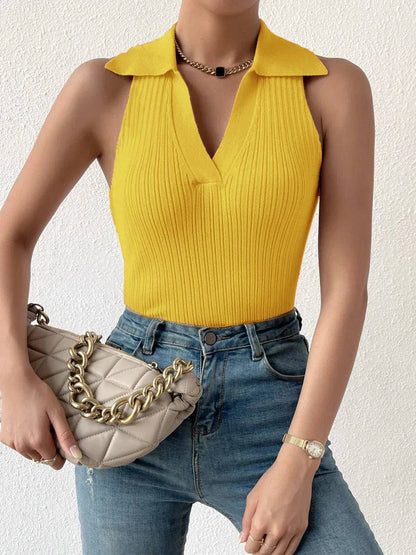 Summer V-Neck Ribbed Knit Crop Top